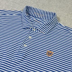 B. DRADDY Polo Shirt Mens Large Blue Striped Cotton Spandex Collared Logo Jersey